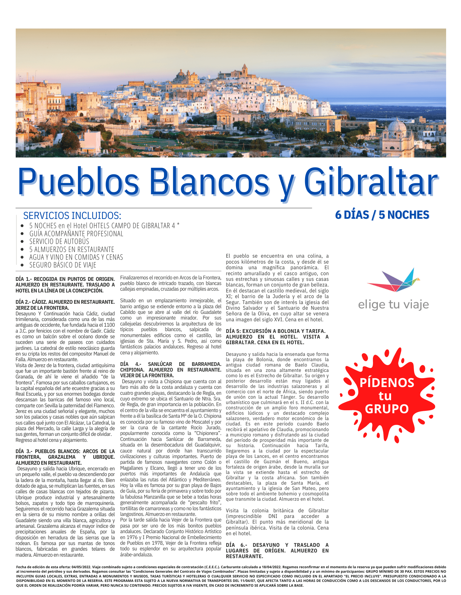 ELIGE Programa Grupos Pueblos Blancos y Gibraltar con Agencia de Viajes Elige tu Viaje
